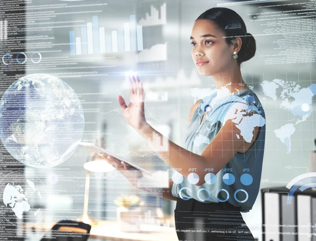 Asian businesswoman interacting with a 3D dashboard, illustrating TP Infinity solutions.