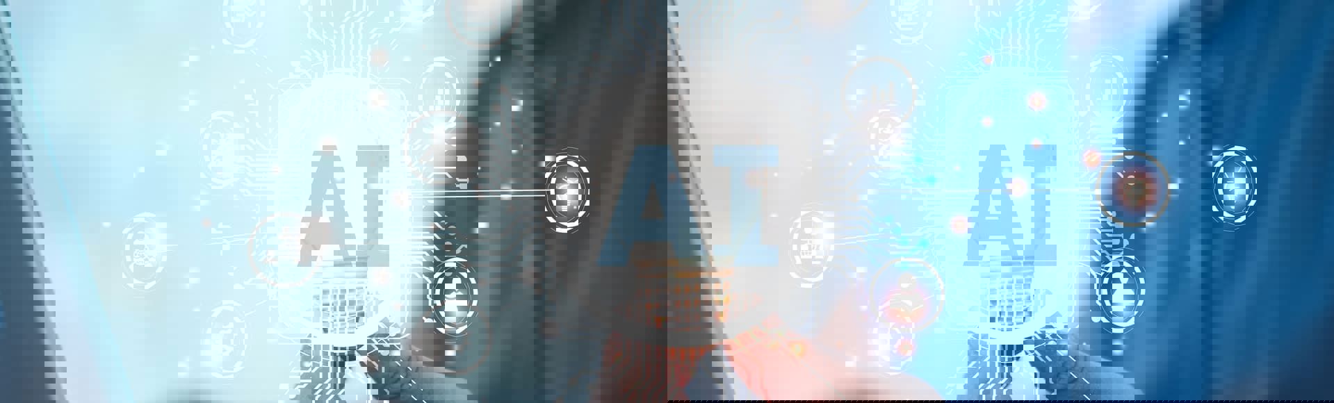 Person holding a light bulb with 3D elements and prominent AI text.