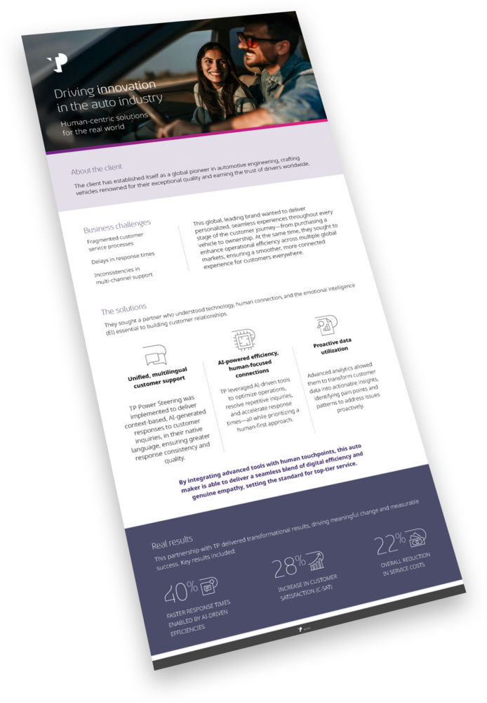 Mockup of the Client Story "Driving Innovation in the Auto Industry" featuring a smiling, cheerful couple inside a car.