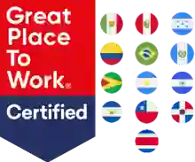 Great place to work logo with south american country flags represented.