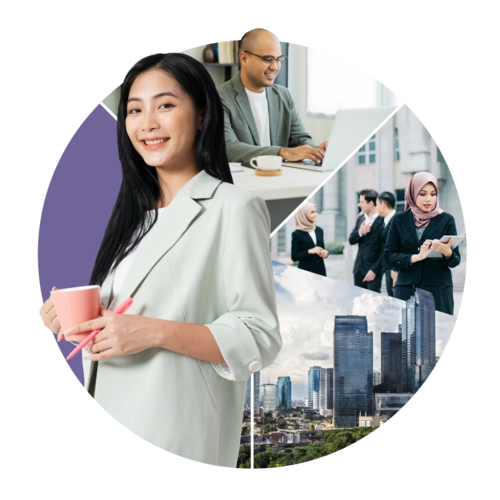 Mosaik menampilkan para profesional Indonesia saat bekerja, dengan pemandangan kota modern di latar belakang.