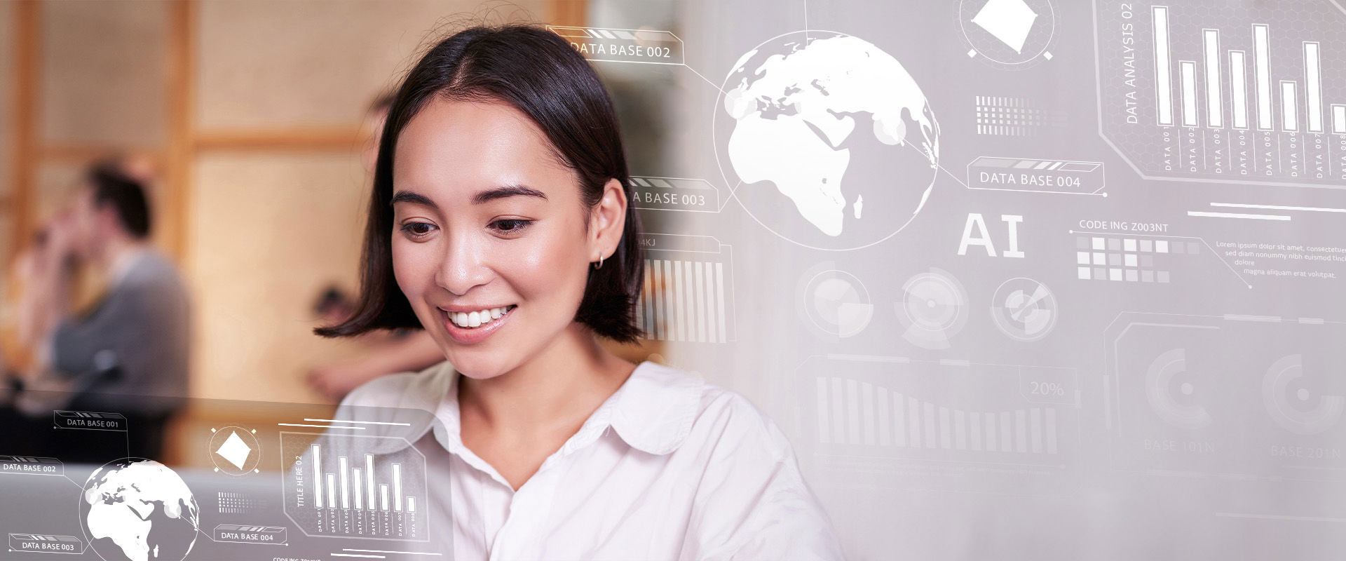 Woman analyzes global AI data charts in bright office space