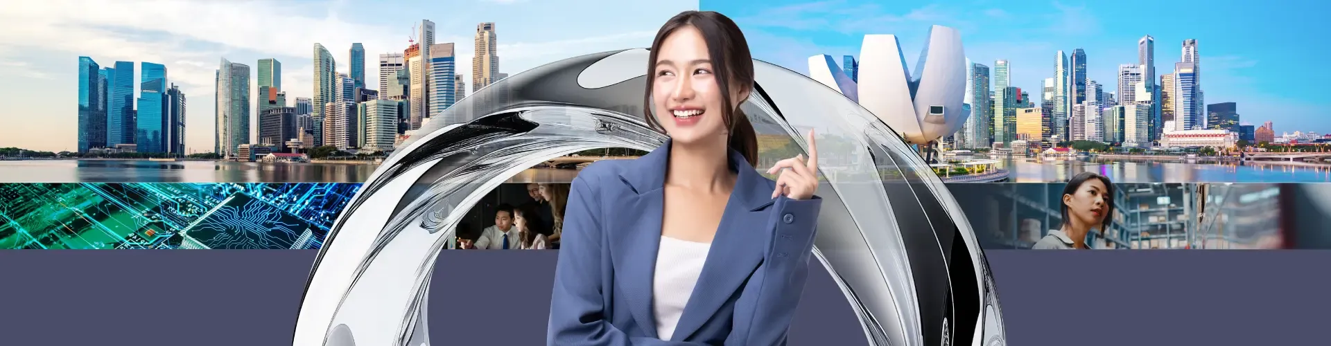 Asian businesswoman highlighted against Singapore cultural icons and high tech visuals.
