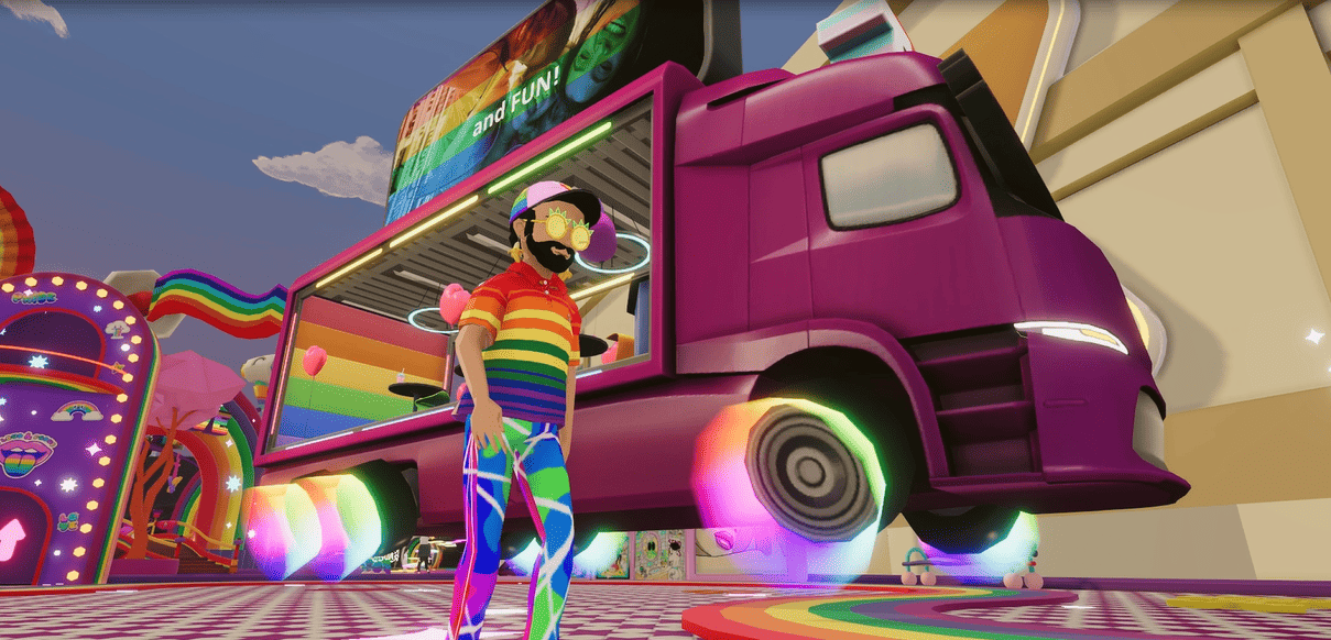 Colorful 3D illustration of a person in rainbow clothing standing in front of a bright pink truck with rainbow glowing wheels, set in a festive virtual environment decorated with rainbow patterns and lights.