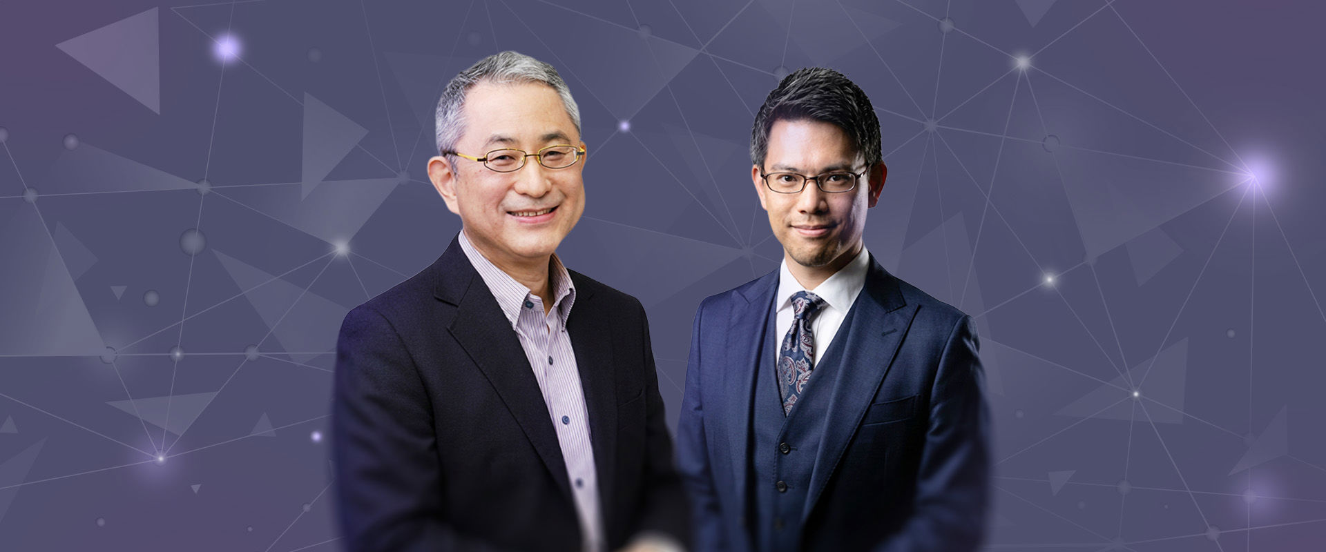 Two business gentlemen stand against tech‑style purple background.