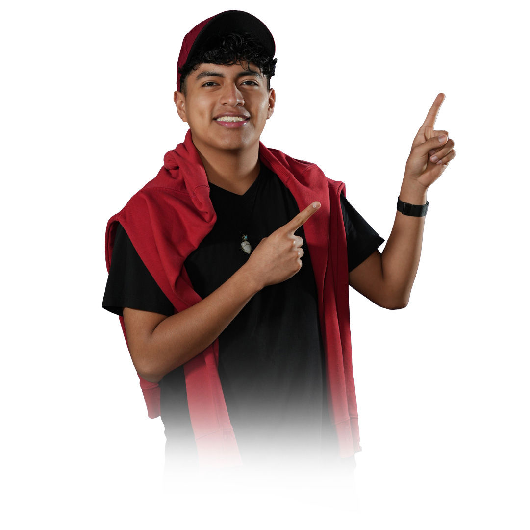 A person smiling, whilst pointing to the sky with a clear white background 