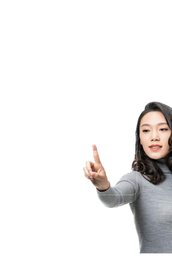 Asian professional interacting with a 3D conversational interface.