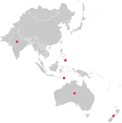 Australia, New Zealand, India, Bali and Philippines highlighted on map