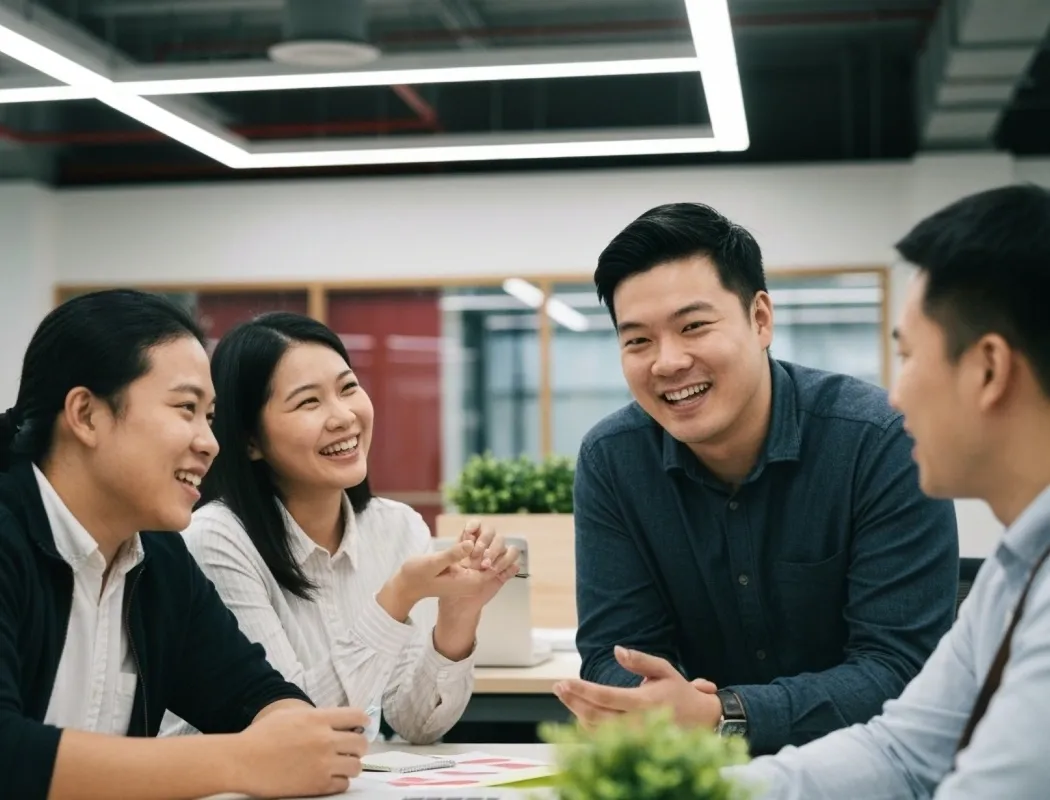 four professionals collaborates happily around a laptop in a bright, modern office, sharing ideas and smiling.