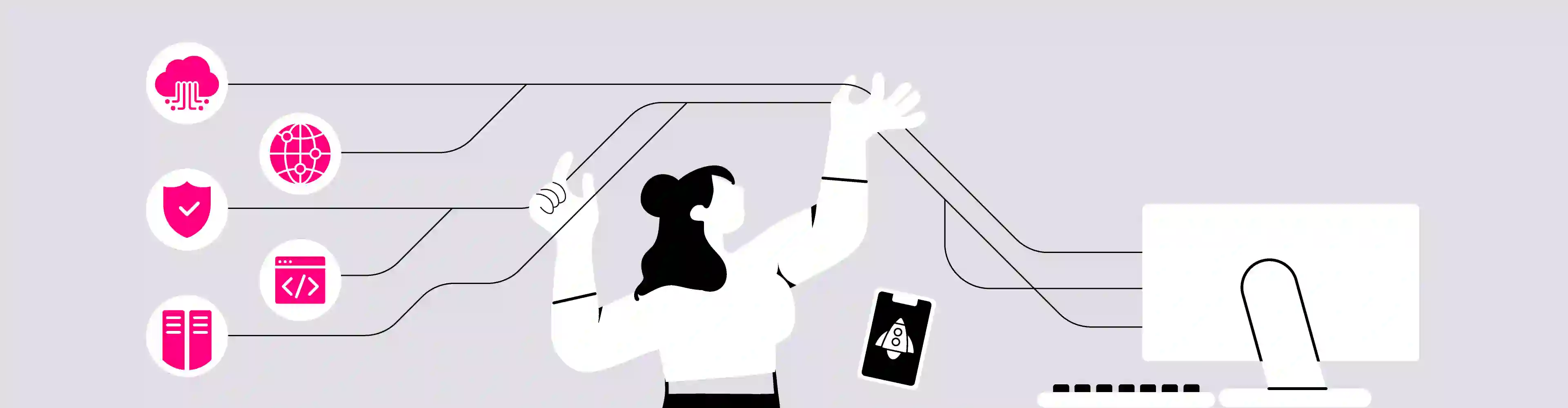 Animated characters holding cables connecting a desktop with tech icons
