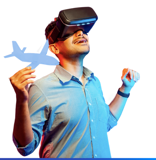 A man wearing a VR headset with a projected image of an airplane.