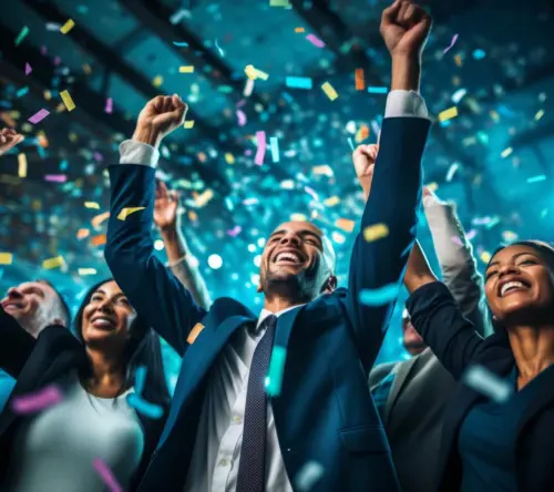 Équipe de professionnels célébrant une réussite avec des confettis et des poings levés.