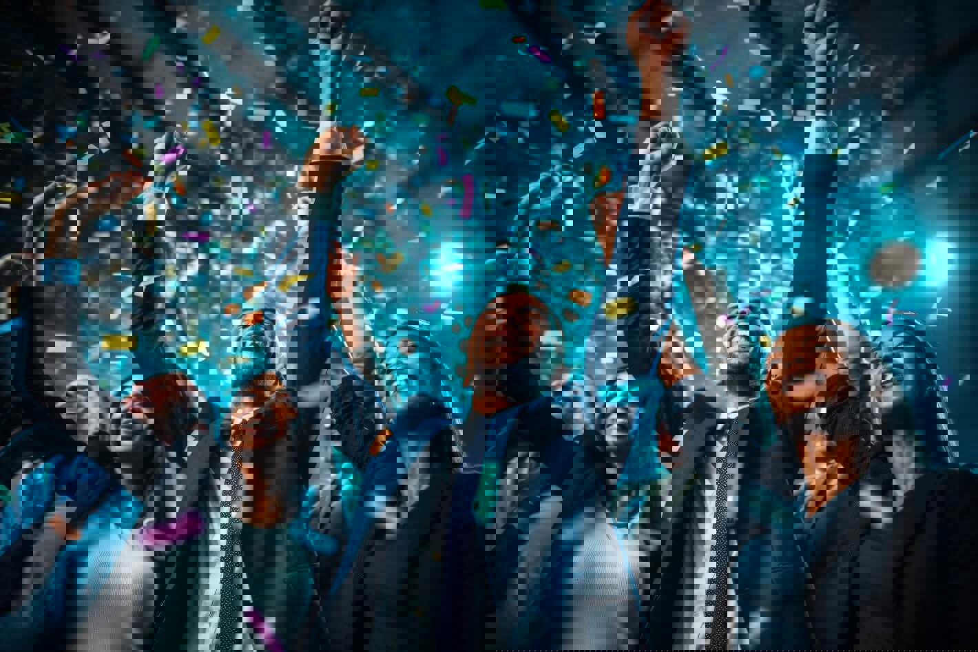 Équipe de professionnels célébrant une réussite avec des confettis et des poings levés.