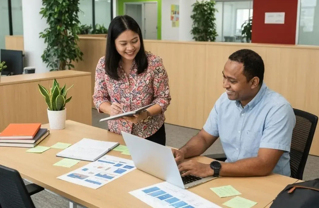 TP colleagues collaborating as a team in a professional work environment.