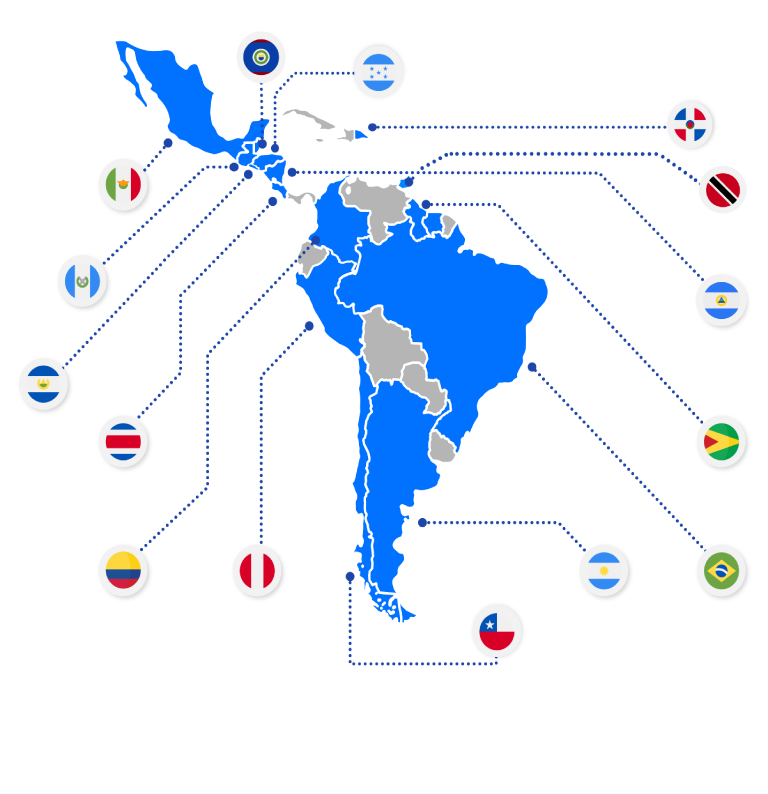 Map of South America, highlighting the individual countries in central and South America, with flag logos of each major country shown in the map.