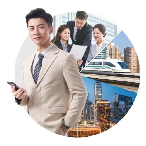 一个穿西装的男生拿着手机，背景是三张图，一张是正在讨论工作的三个人，另外两张是城市大楼的照片