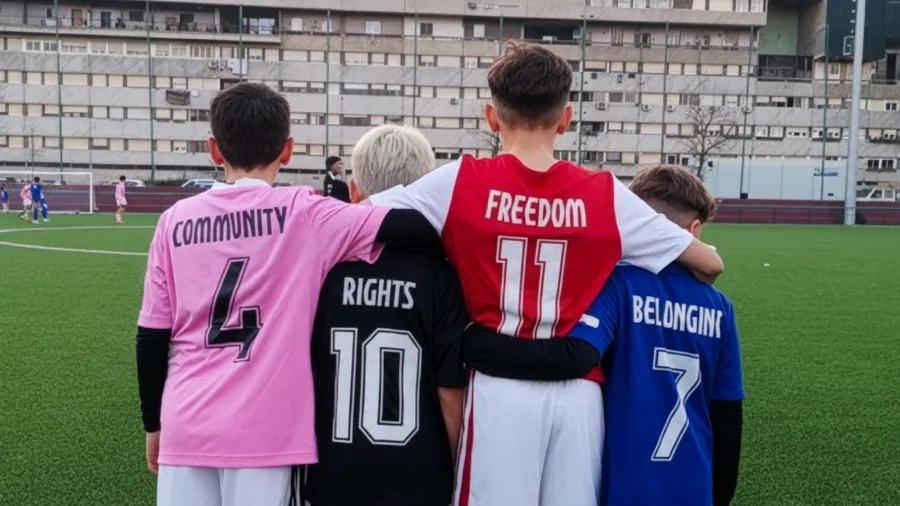 Children wearing jerseys promoting community, rights, freedom, and belonging at a TP-supported event.