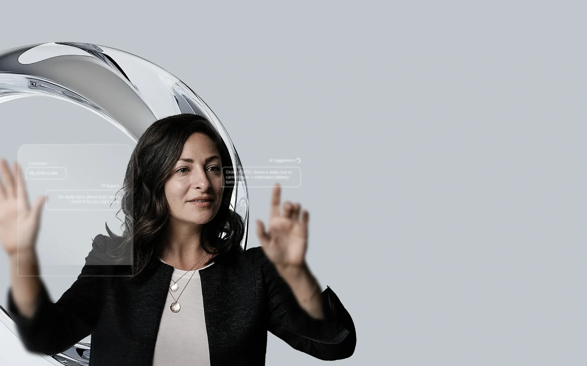 Woman interacting with a digital interface with AI-generated icons.