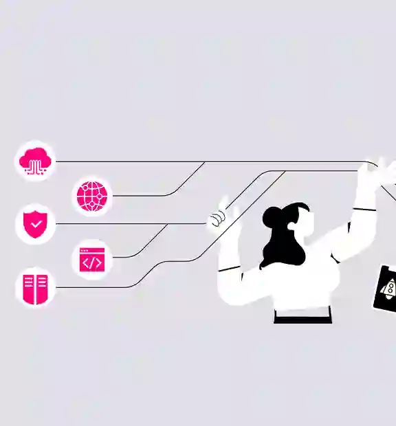 Animated characters holding cables connecting a desktop with tech icons