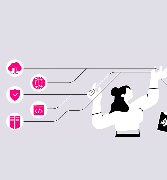 Animated characters holding cables connecting a desktop with tech icons