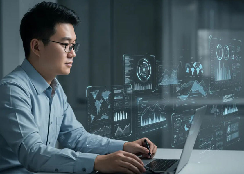 Asian businessman at computer with 3D dashboards, symbolizing AI-enabled global expansion.