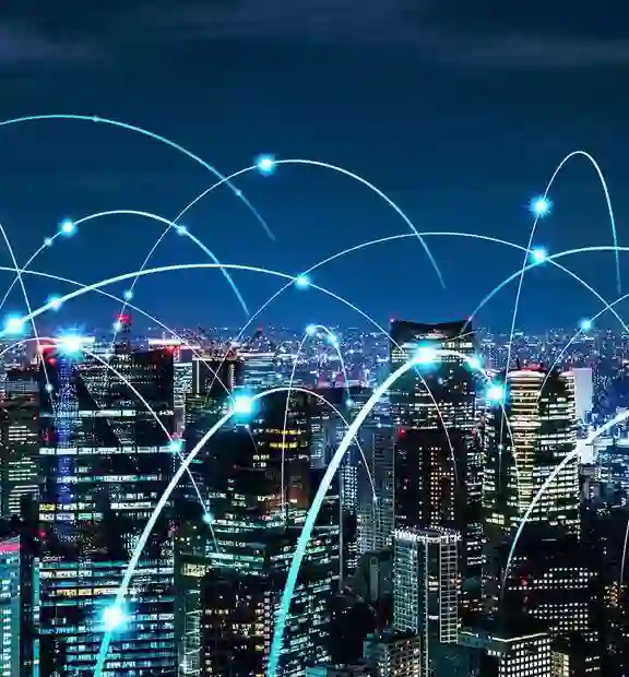Banner showing a modern, brightly lit city with 3D lines simulating digital connections between its inhabitants.