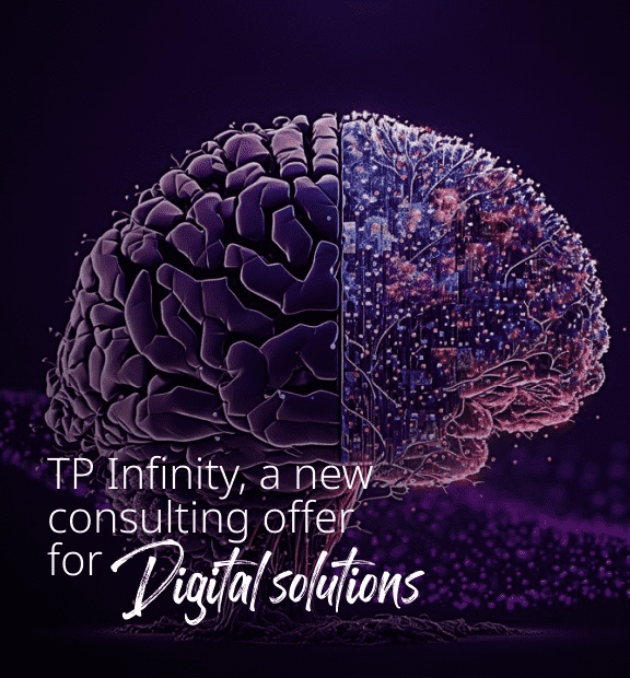  A detailed image of a human brain with digital data flowing out of it. It represents TP Infinity's digital solutions.