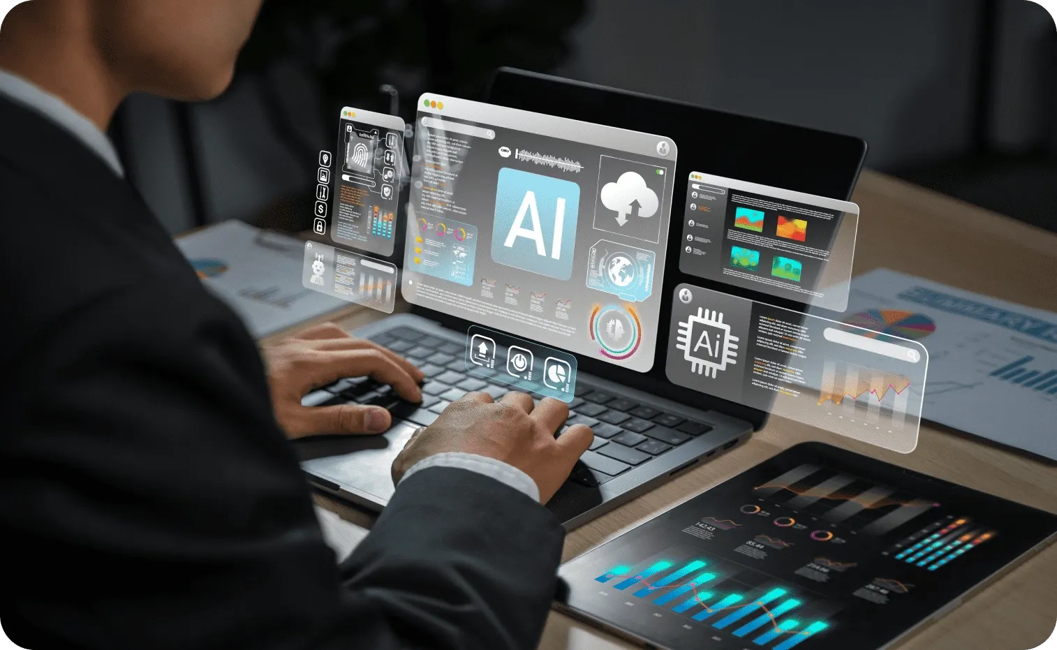 Person browsing a laptop with 3D elements extending beyond the screen