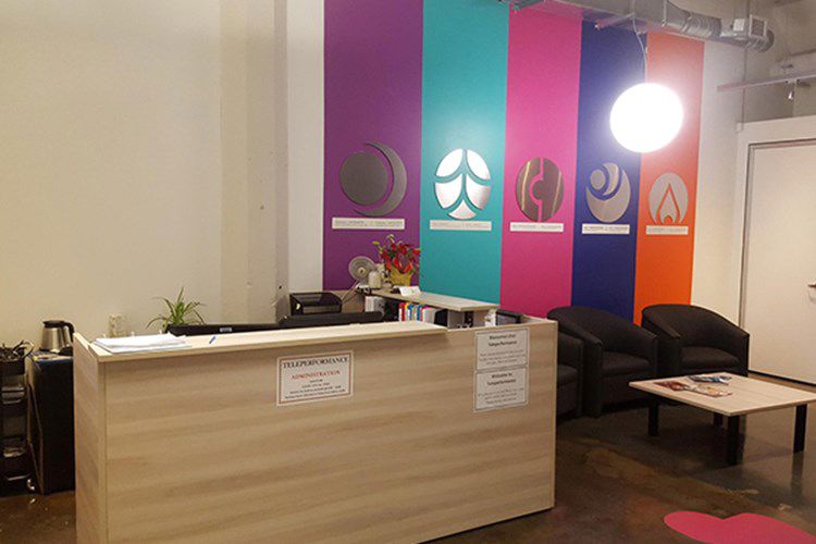Reception desk with a wooden counter, pamphlets, and a plant. behind it, colorful panels display abstract designs on a wall. 