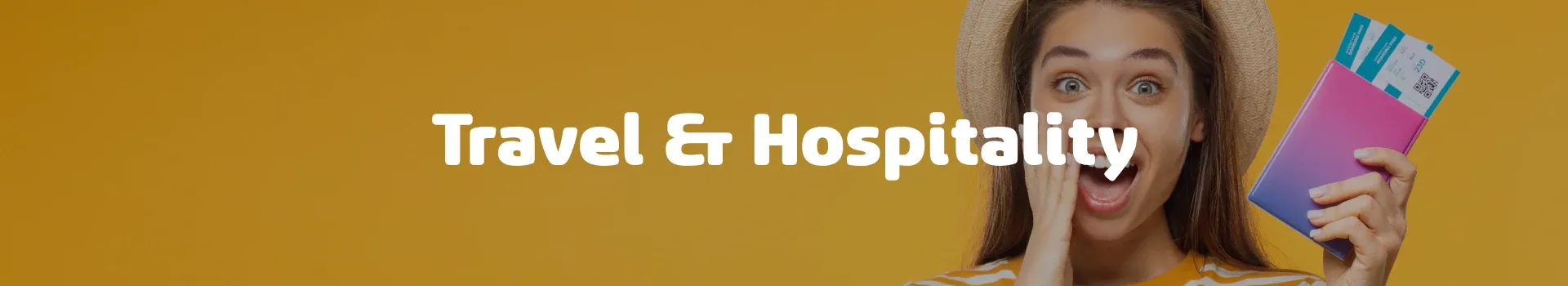 Smiling woman holding passport with boarding passes on yellow background under text Travel and Hospitality. Smiling woman holding passport with boarding passes on yellow background under text Travel and Hospitality.