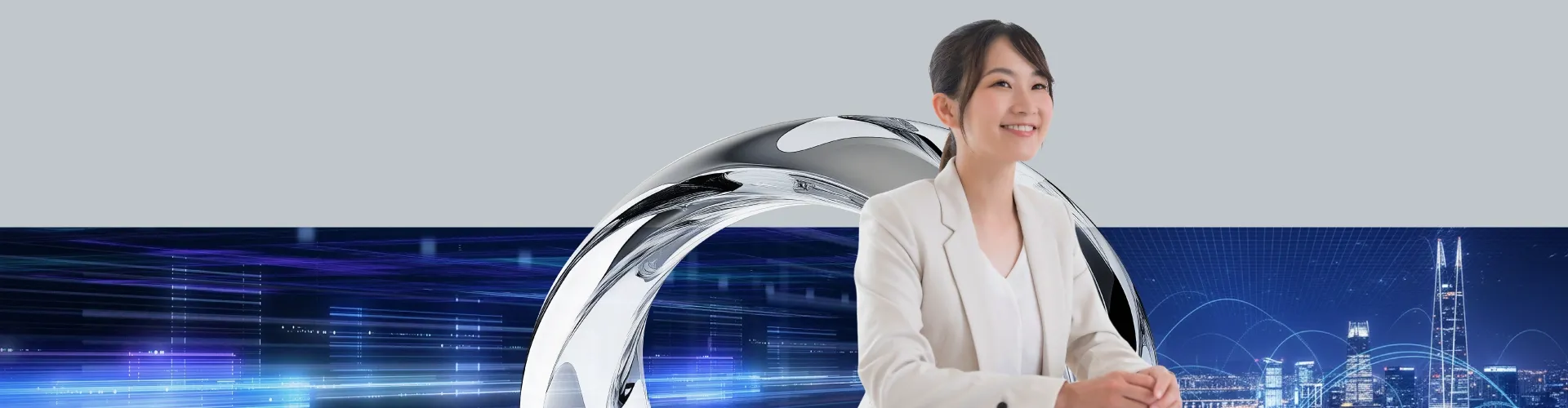 A confident professional woman smiles against a futuristic cityscape backdrop