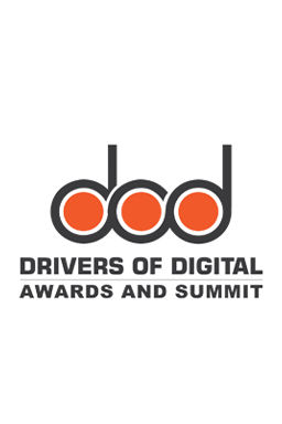 Logo with lowercase "dod" featuring orange circles inside black outlines, above the text "drivers of digital awards and summit" on a white background.