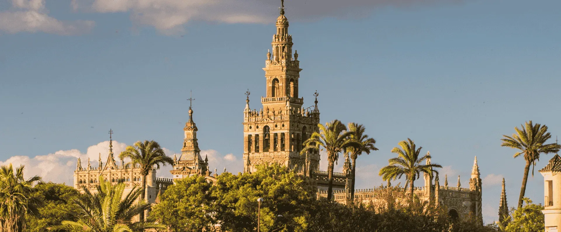 La torre de la Giralda en Sevilla se eleva sobre palmeras bajo un cielo azul claro en un día soleado.