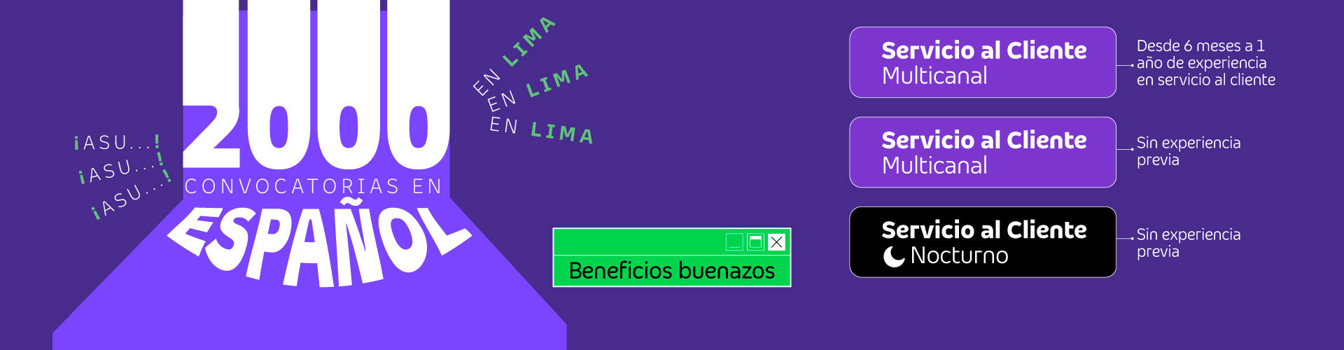 Banner de reclutamiento que anuncia 2000 convocatorias en español para servicio al cliente multicanal en Lima.