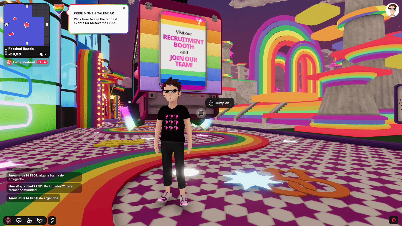 3D avatar standing in front of a pink truck with rainbow decorations and a sign that reads ‘Visit our recruitment booth and join our team!’ during a Pride Month event in the metaverse, surrounded by colorful rainbow arches and neon lights.