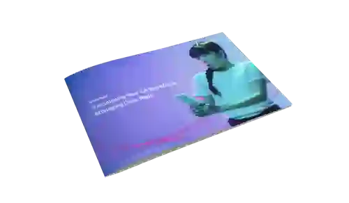 Brochure “Transitioning Your CX Workforce: Rebadging Done Right” with a person holding a smartphone on gradient background.