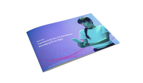 Brochure “Transitioning Your CX Workforce: Rebadging Done Right” with a person holding a smartphone on gradient background. Brochure “Transitioning Your CX Workforce: Rebadging Done Right” with a person holding a smartphone on gradient background.