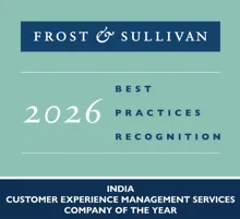 Frost & Sullivan 2026 India CXM Services Company of the Year award badge. 