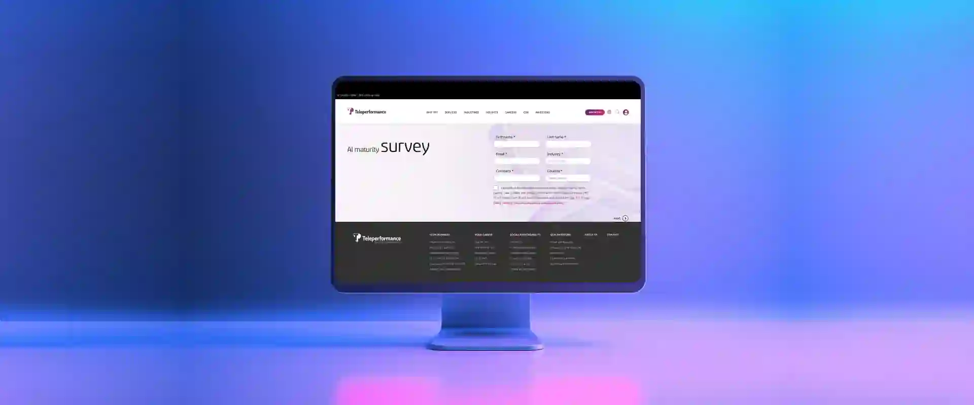 Computer monitor displaying the Teleperformance AI maturity survey webpage on a gradient blue and purple background