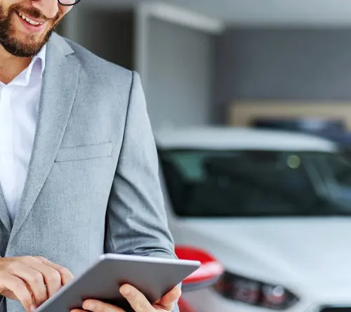 A man holding a tablet inside a car showroom