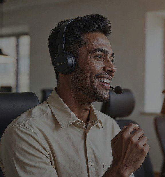 Leende man med headset på kontor