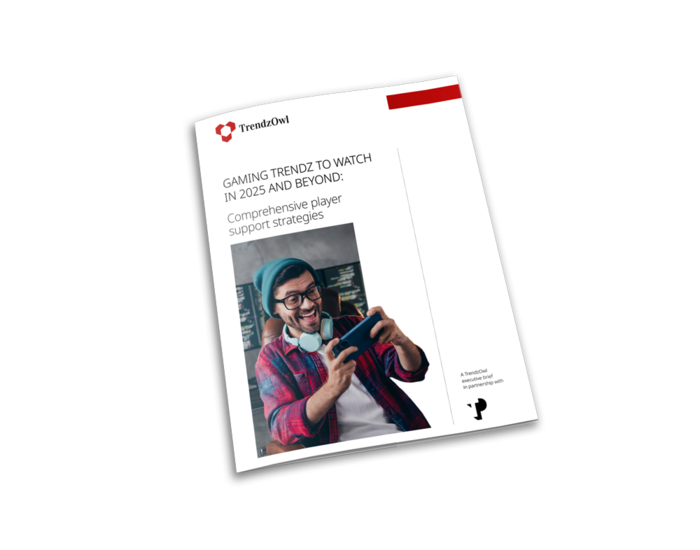 Gaming white paper mock-up depicting young smiling gamer playing a game on his phone, wearing a headset around his neck in a room with multiple monitors