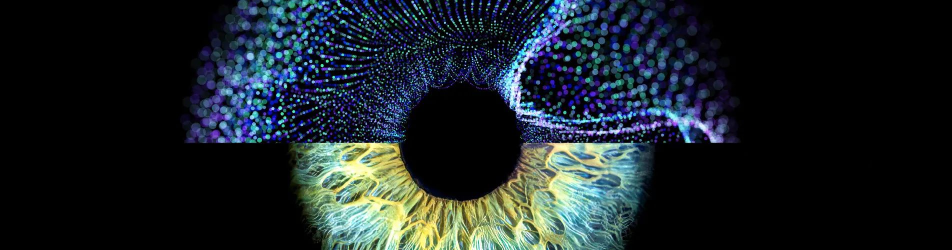 Ein dunkler zentraler Kreis ist von lebendigen, wirbelnden Mustern umgeben. Darüber erzeugen blaue und grüne Punkte einen digitalen Effekt; darunter ähneln komplexe gelbe und grüne Linien einer Iris.