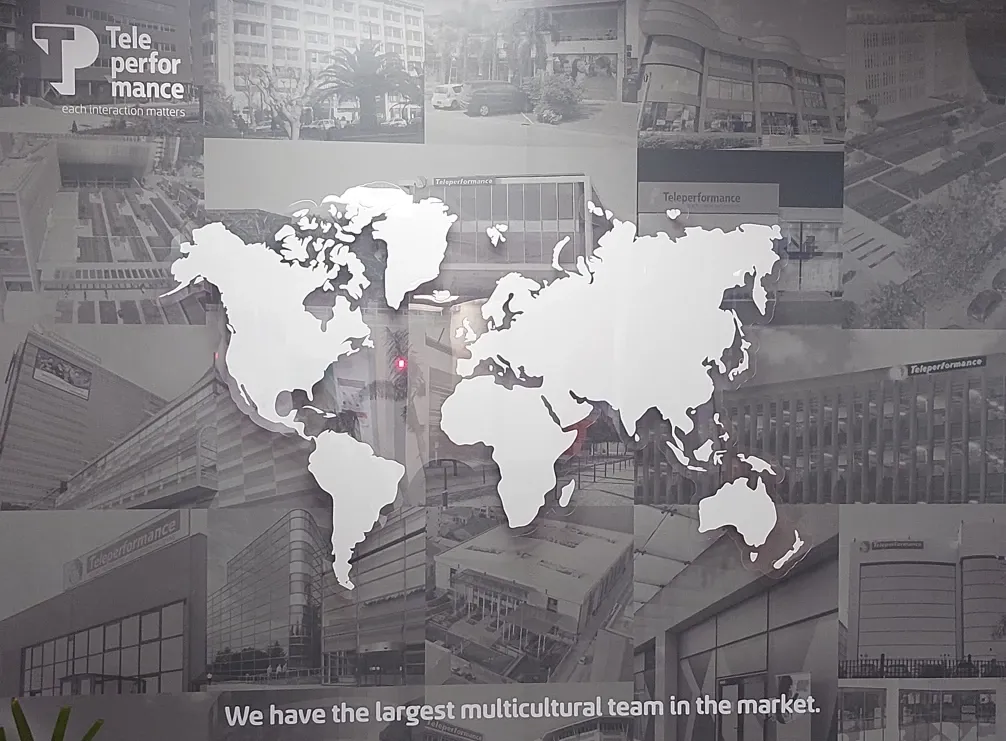 World map with Teleperformance offices in the background and text stating we have the largest multicultural team in the market.