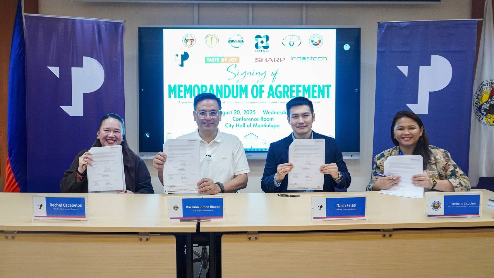 Building the future with a strong partnership. TP in the Philippines’ Vice President of Human Resources Rachel Cacabelos, Muntinlupa City Mayor Rozzano Rufino Biazon, TP Marketing Director for External Relations Nash Frias, and MCTI OIC-Director Michelle Licudine sign the MOA for the implementation of an industry-readiness training program. Building the future with a strong partnership. TP in the Philippines’ Vice President of Human Resources Rachel Cacabelos, Muntinlupa City Mayor Rozzano Rufino Biazon, TP Marketing Director for External Relations Nash Frias, and MCTI OIC-Director Michelle Licudine sign the MOA for the implementation of an industry-readiness training program.