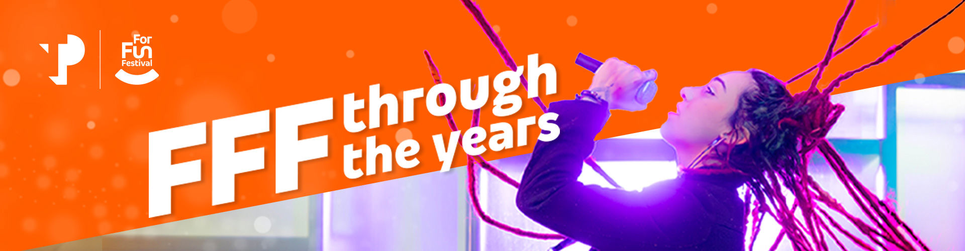 TP For Fun Festival banner with the phrase “FFF through the years” and a singer holding a microphone with long braids.