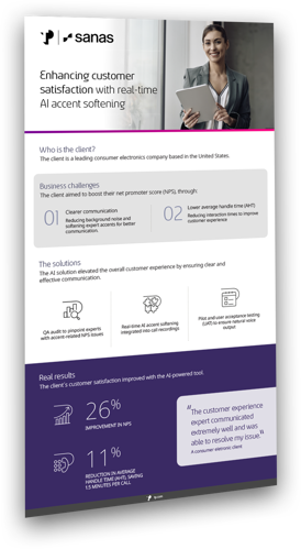 One-page client snapshot showing a woman smiling while holding a tablet