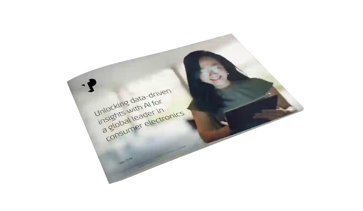Smiling Asian woman browsing her tablet, illustrating a client story on AI-powered transformation for a global leader in consumer electronics.