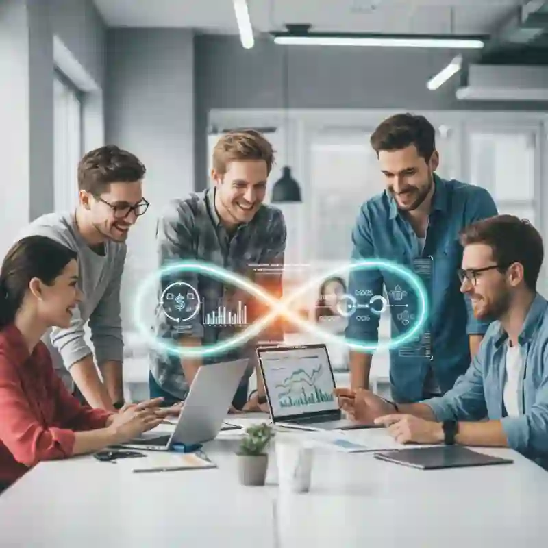Group of young professionals working in a modern office, illustrating end-to-end solutions on the Revenue as a Service page.