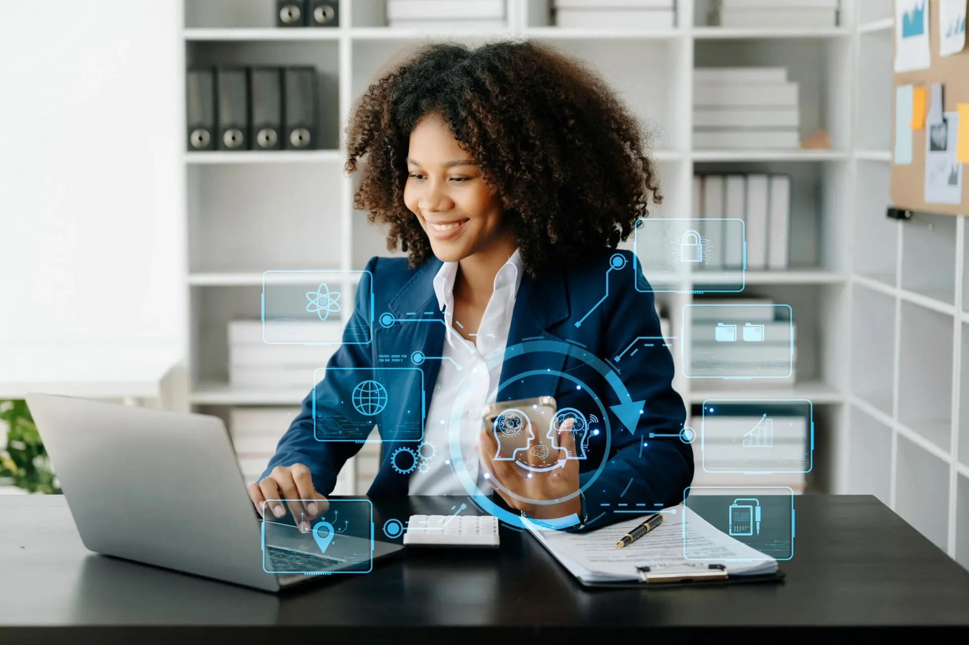 Professional woman smiling while working on a laptop with digital interface icons representing technology.
